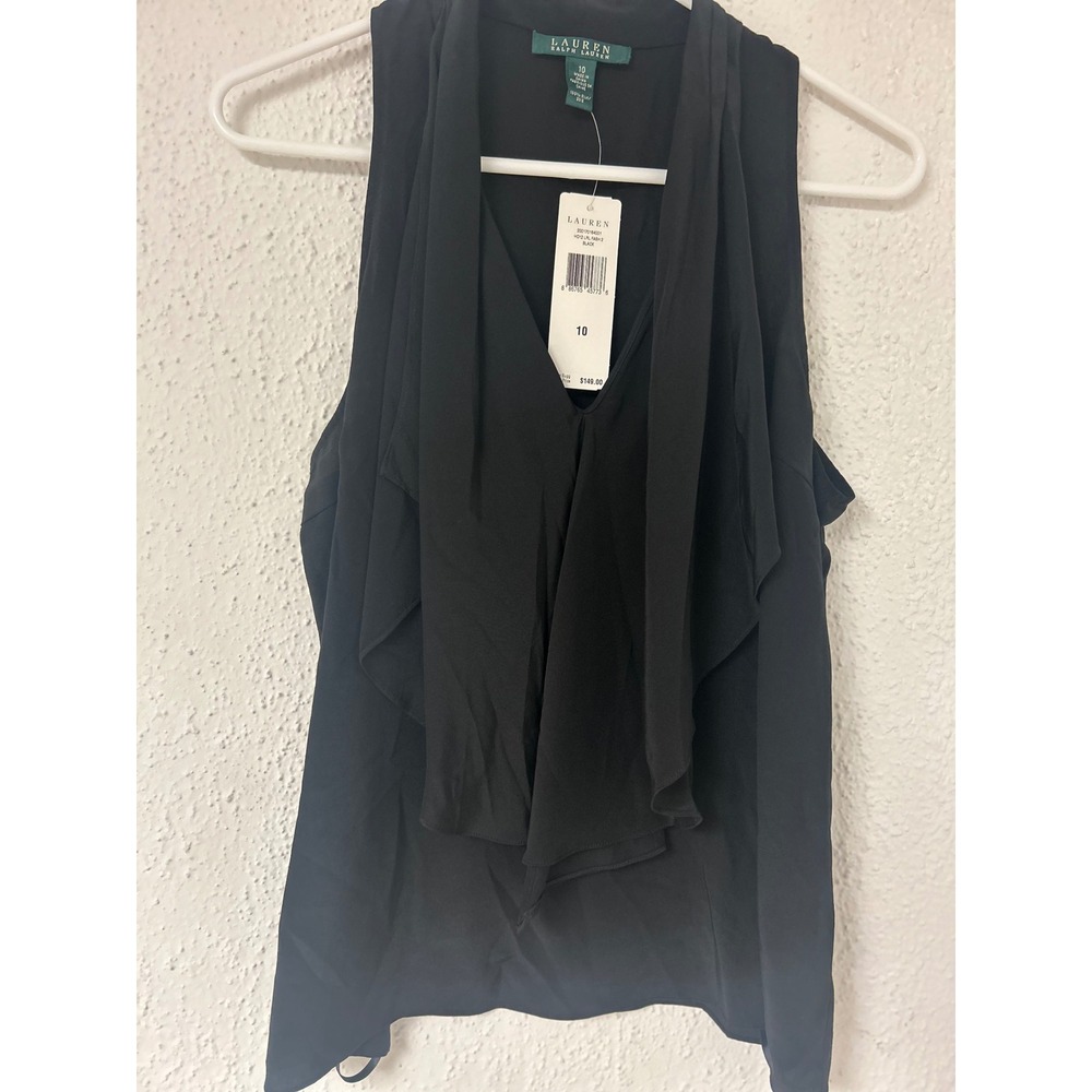 Lauren Ralph Lauren Black 100% Silk Ruffle Front V-Neck Sleeveless Blouse 10 NWT